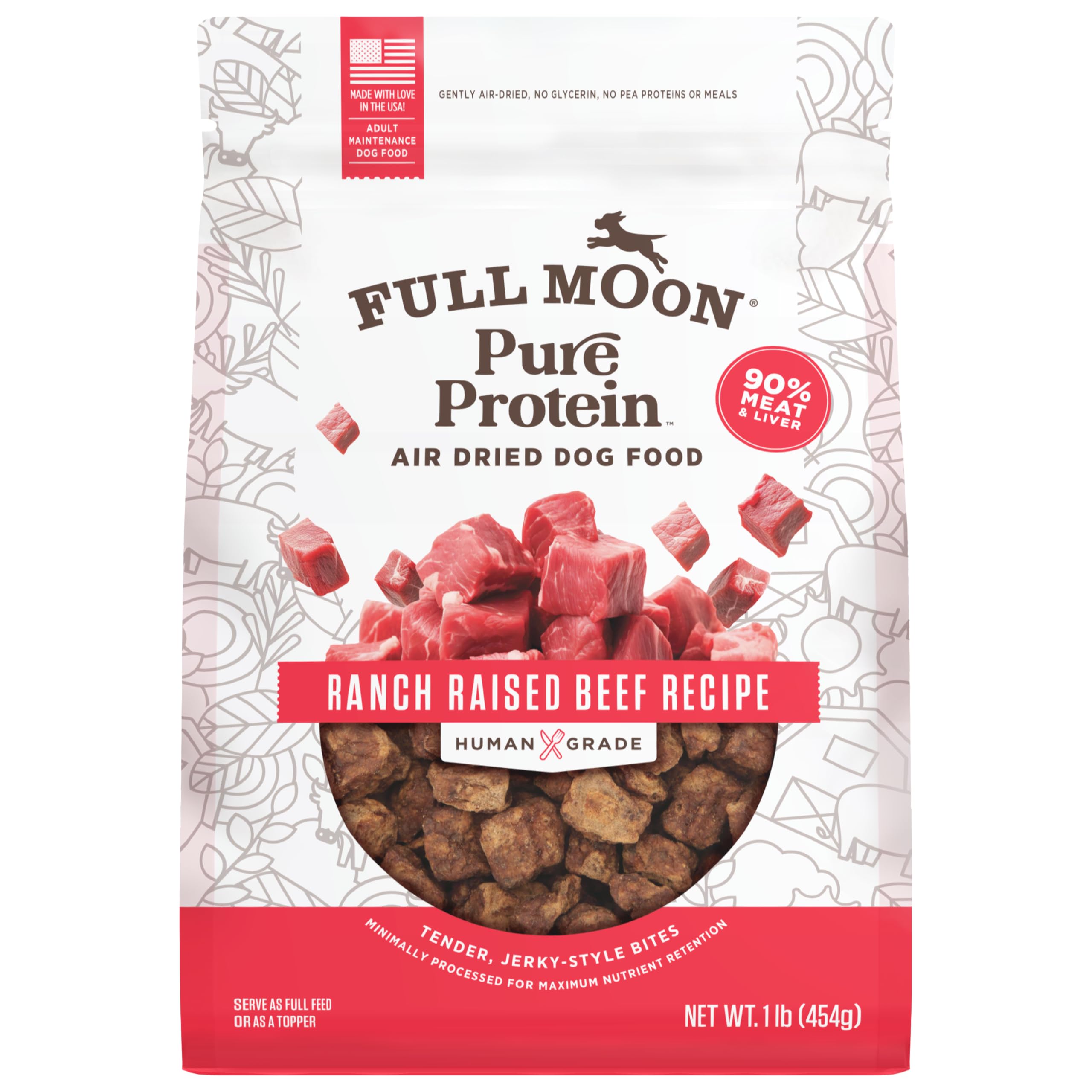 Full Moon Pure Protein air-dried beef bites, high meat content for flavor and protein.