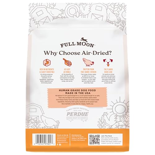 Full Moon packaging highlights pure protein and chicken-based bites for healthy feeding.
