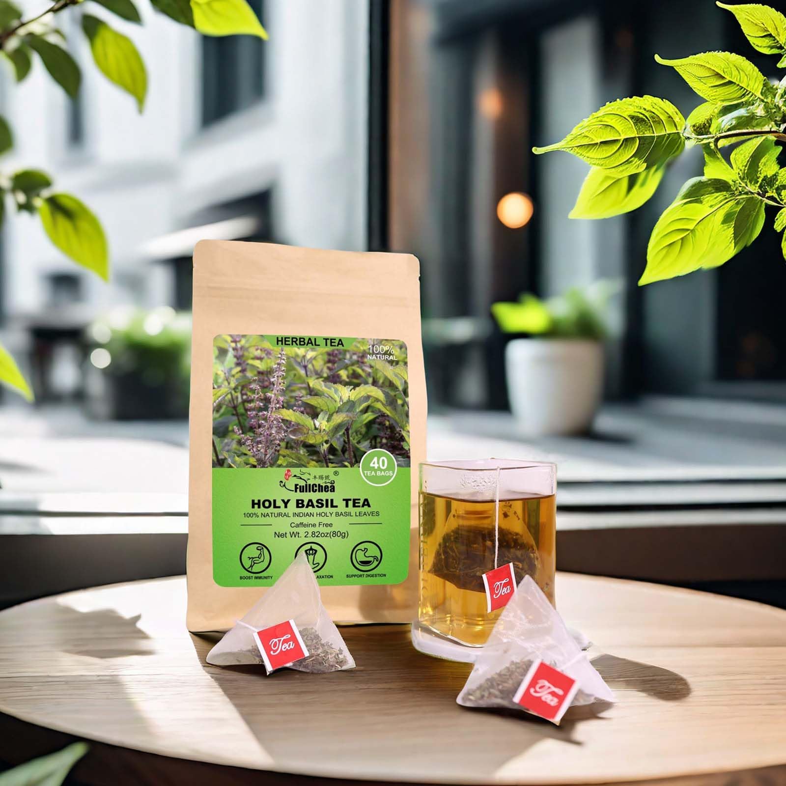 FullChea 100% natural ingredients badge, highlighting high-quality, non-GMO holy basil leaves.