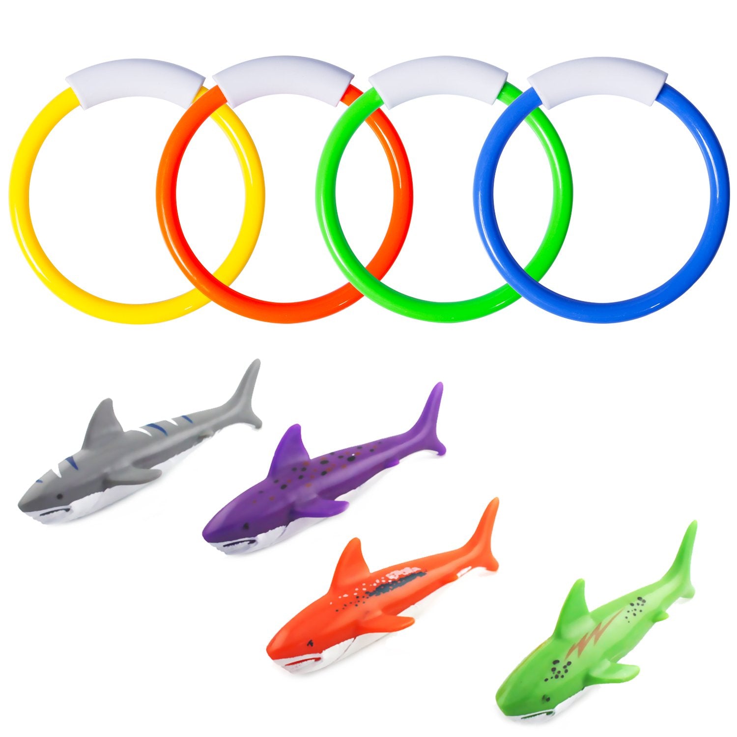 FULLSEXY pool diving toys 8-pack rings and sharks for underwater fun.