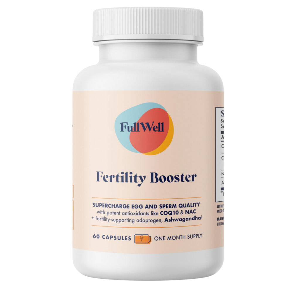 FullWell Fertility Booster bottle on a clean surface, designed to support reproductive wellness.
