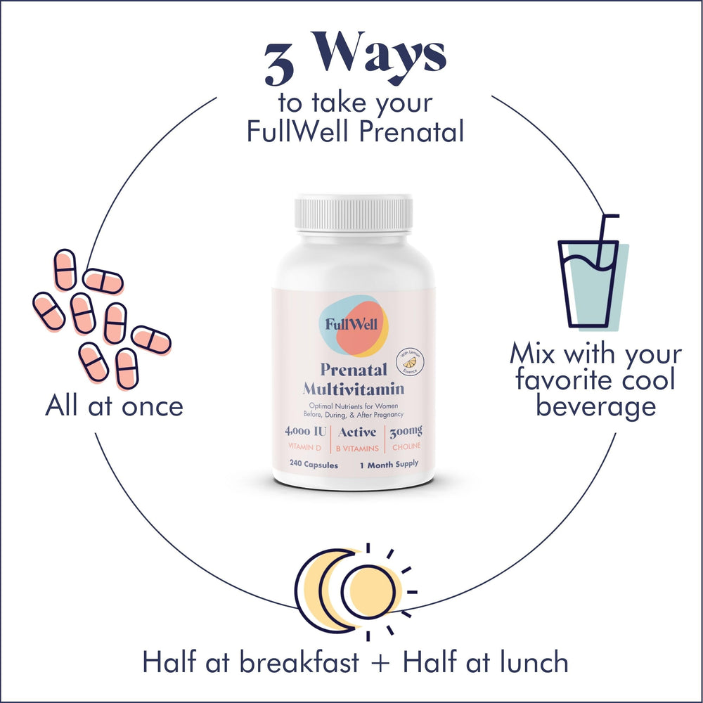 Breakfast routine with FullWell prenatal vitamins and water
