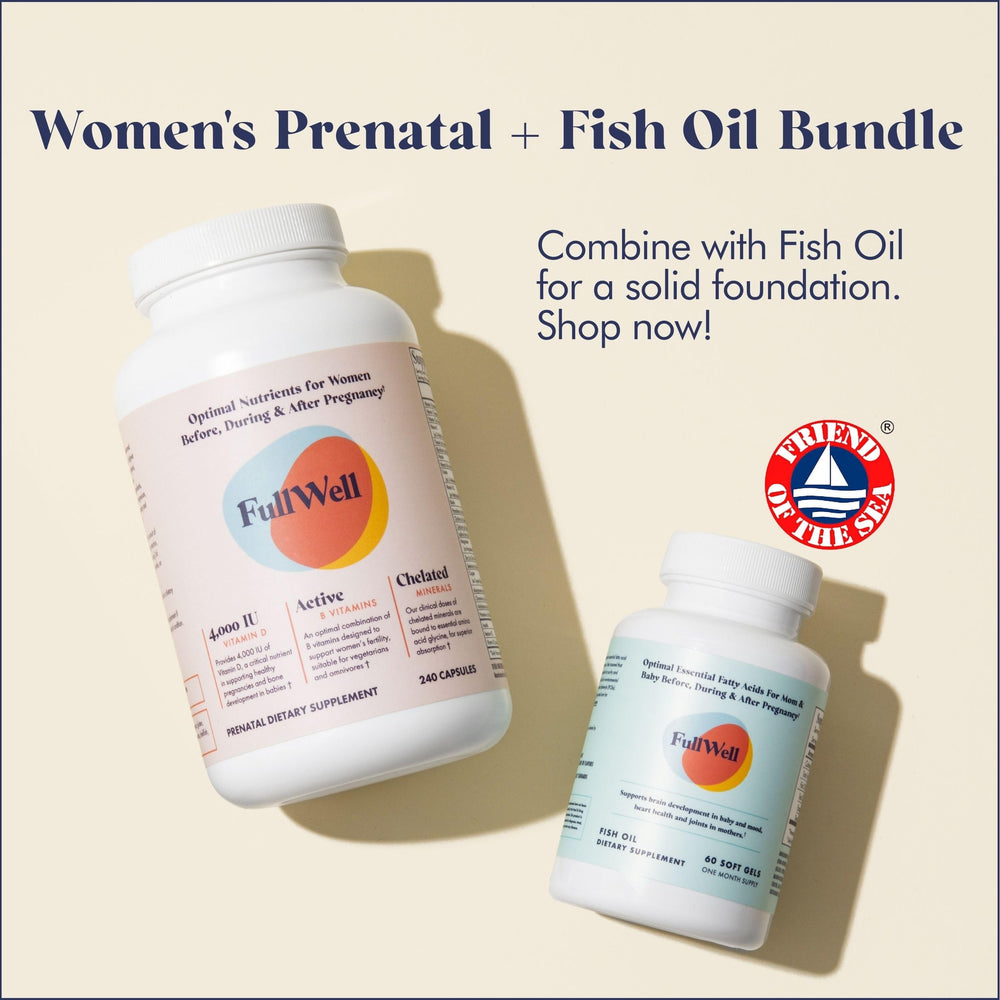 FullWell Prenatal Multivitamin box and bottle combo underlines comprehensive nutrition