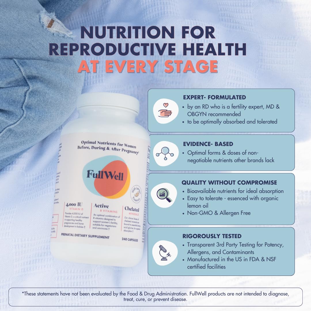 FullWell prenatal packaging and label emphasizing quality and safety