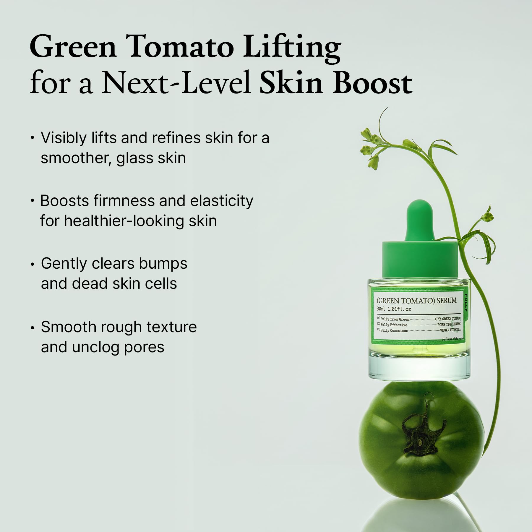 Creamy serum texture swirl with green tomato extract and Vitamin C on skin.