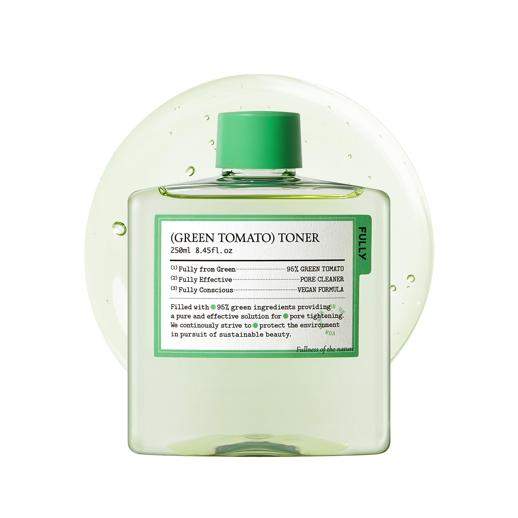 FULLY Green Tomato Toner bottle emphasizes clean, fragrance-free hydration for sensitive skin.