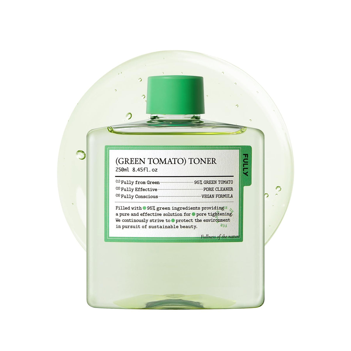 FULLY Green Tomato Toner bottle emphasizes clean, fragrance-free hydration for sensitive skin.