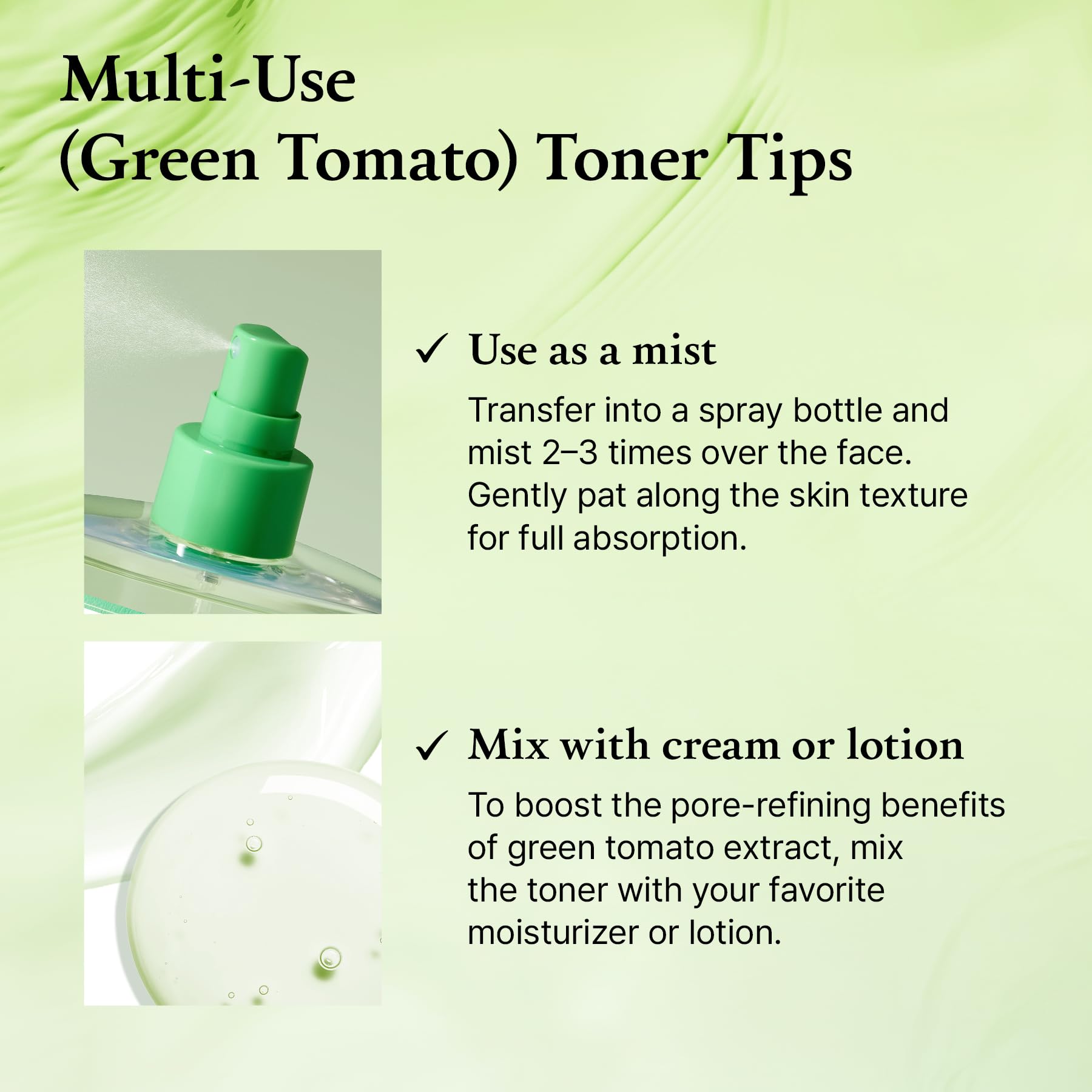 FULLY Green Tomato Toner label icons confirm vegan and dermatologist-tested features.