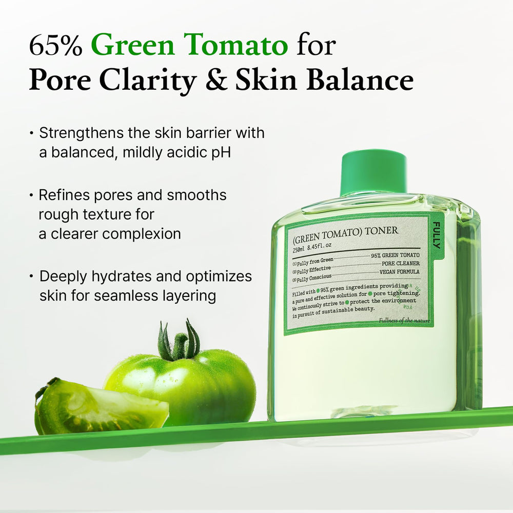 FULLY Green Tomato Toner label highlights 95% green tomato extract and vegan formula.