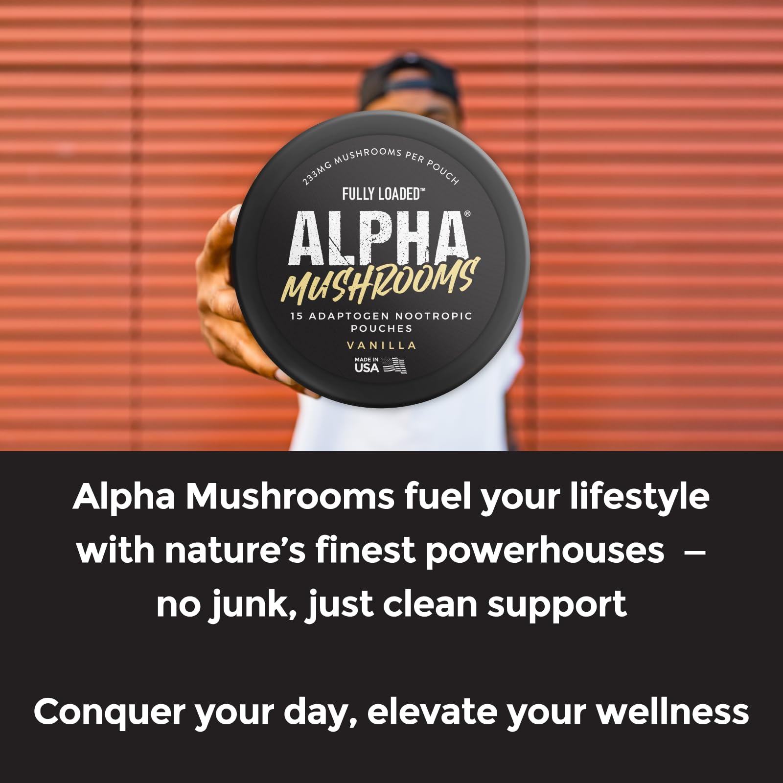 Fully Loaded Alpha Mushrooms 15 pouches per can emphasizes convenient supply