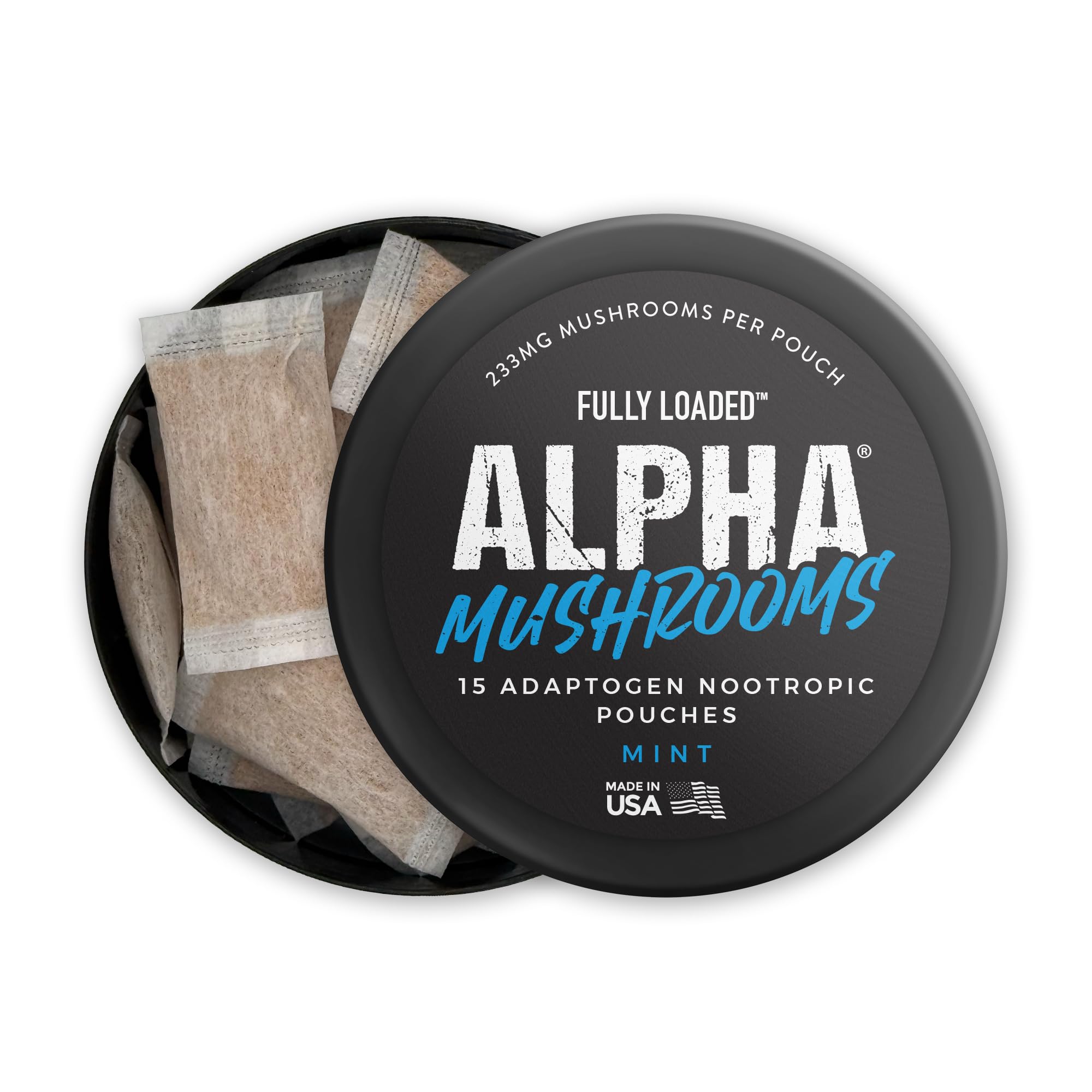 Fully Loaded Alpha Mushrooms chaga ingredient closeup suggesting mood balance