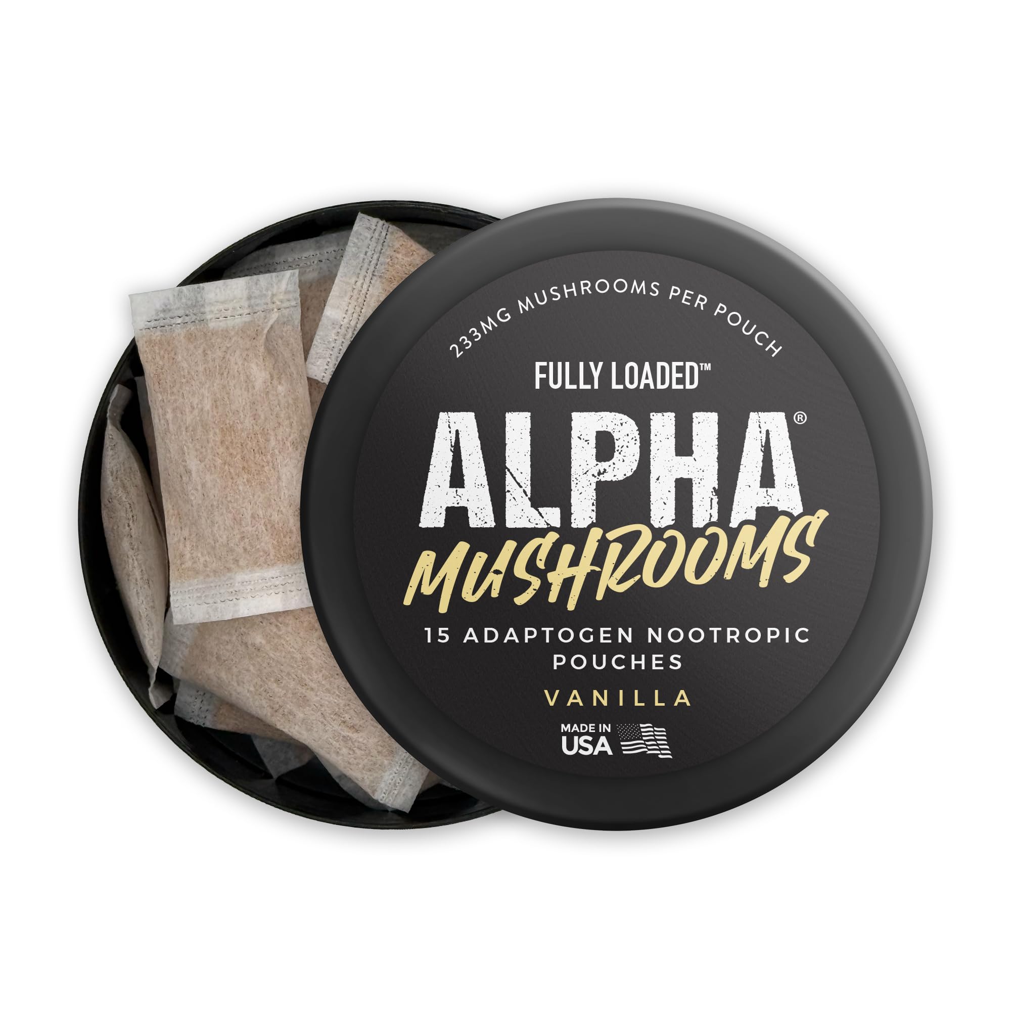 Fully Loaded Bullseye Alpha 5-can package with 15 pouches per can, total convenience.