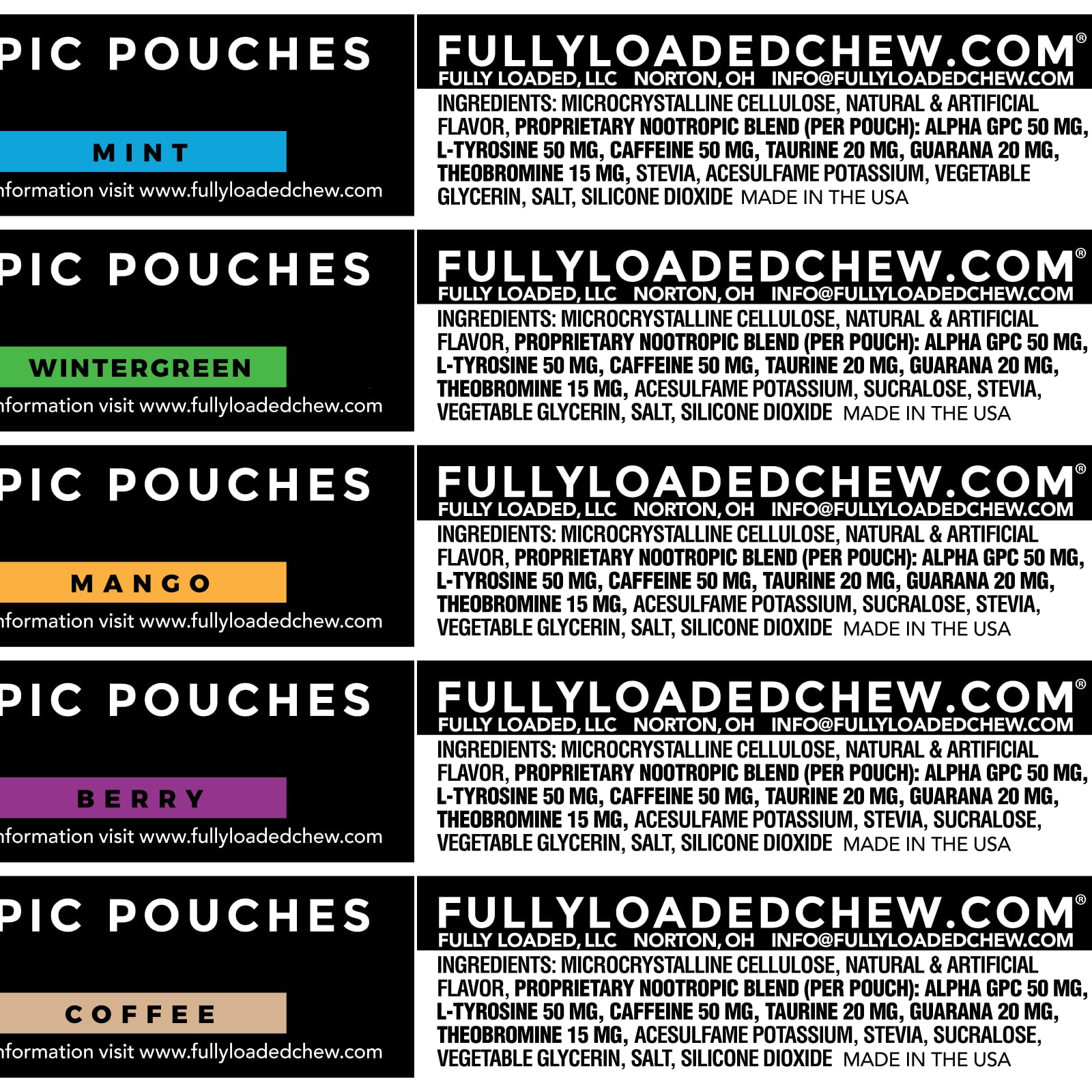 Fully Loaded Bullseye Alpha Fuel cans stacked; a five-can variety pack.