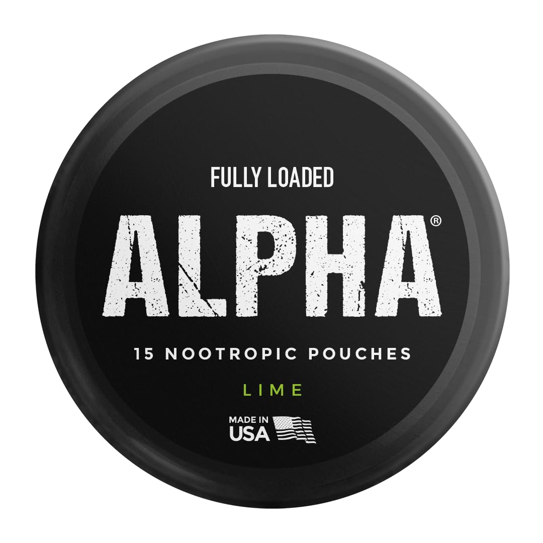 Packaging detail shows Alpha GPC and L-Tyrosine in Fully Loaded Bullseye Pouches Lime.