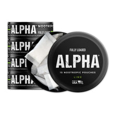 Fully Loaded Bullseye Alpha Nootropic Pouches Lime, front of can, discreet on-the-go option.
