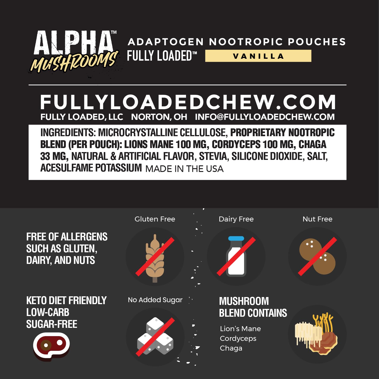 Fully Loaded Bullseye Alpha pouches closeup, highlighting Lion's Mane blend for cognitive support potential.