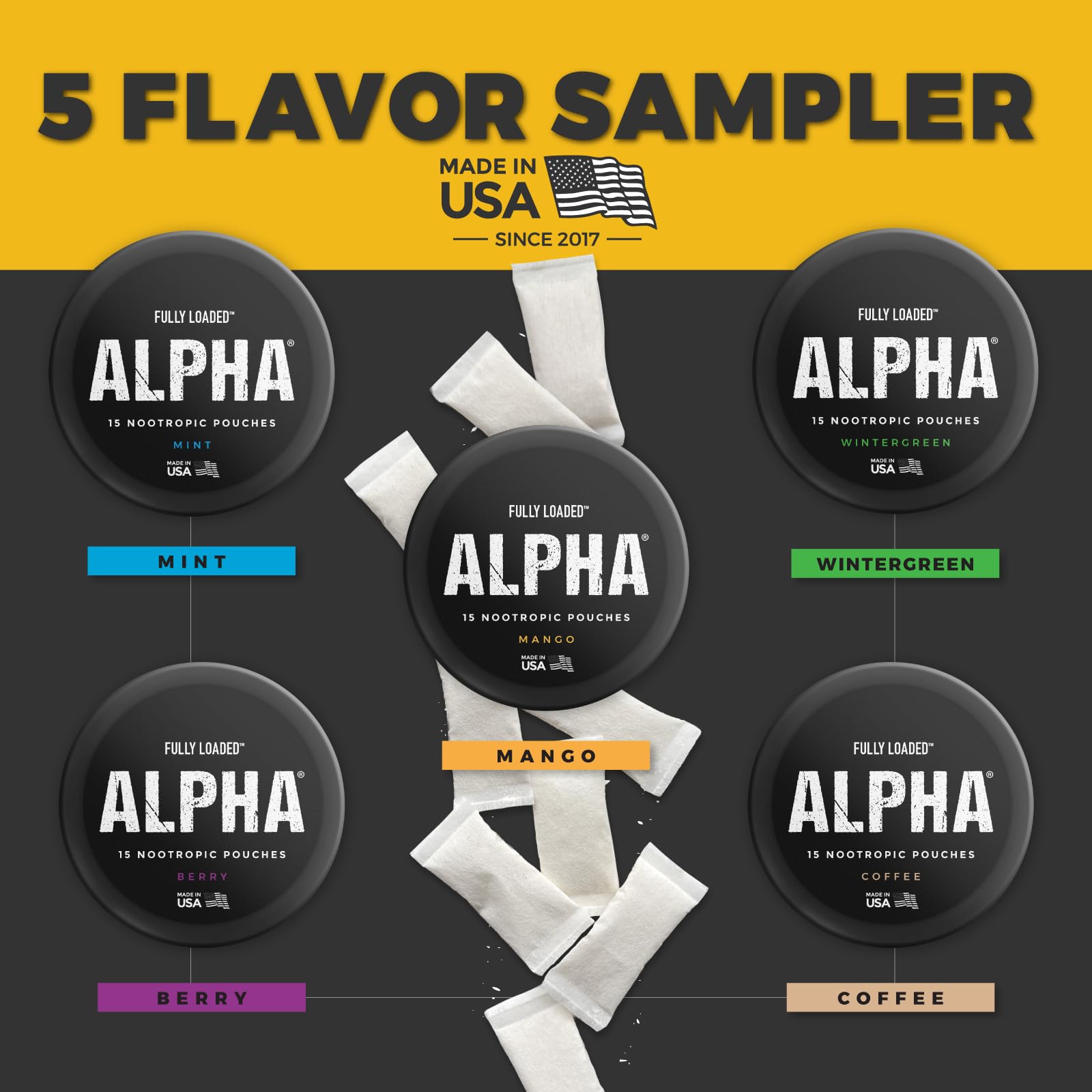Fully Loaded Bullseye Alpha five cans on display offering varied nootropic experiences.