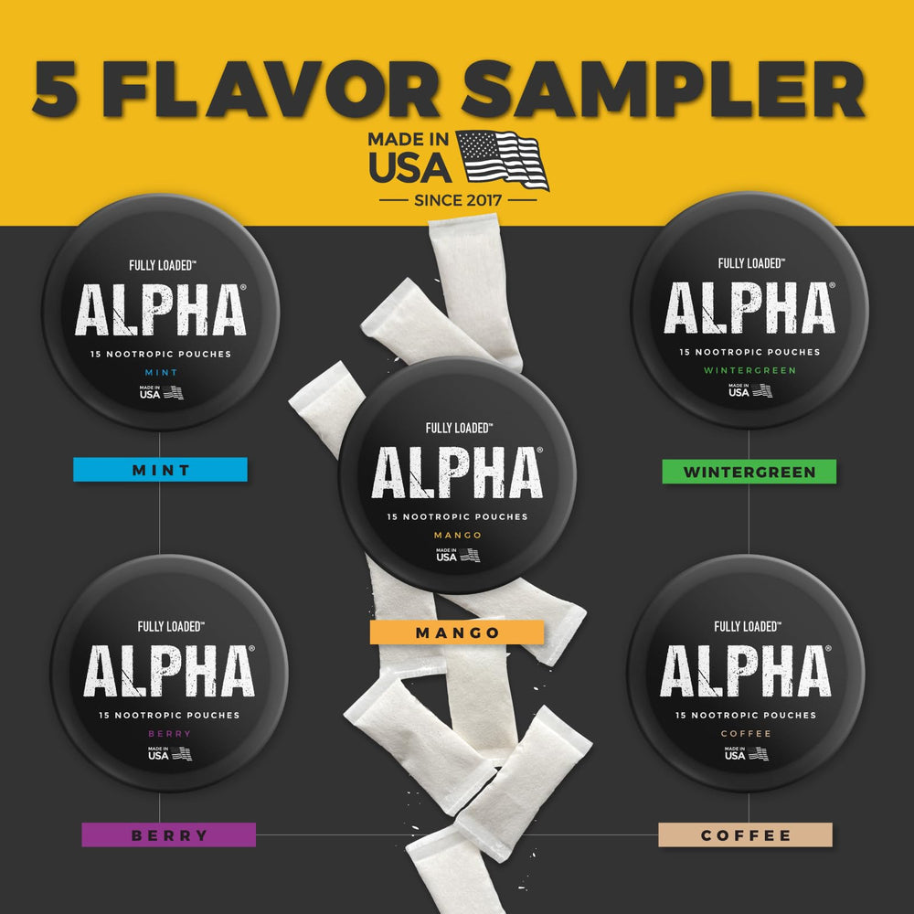 Fully Loaded Bullseye Alpha five cans on display offering varied nootropic experiences.