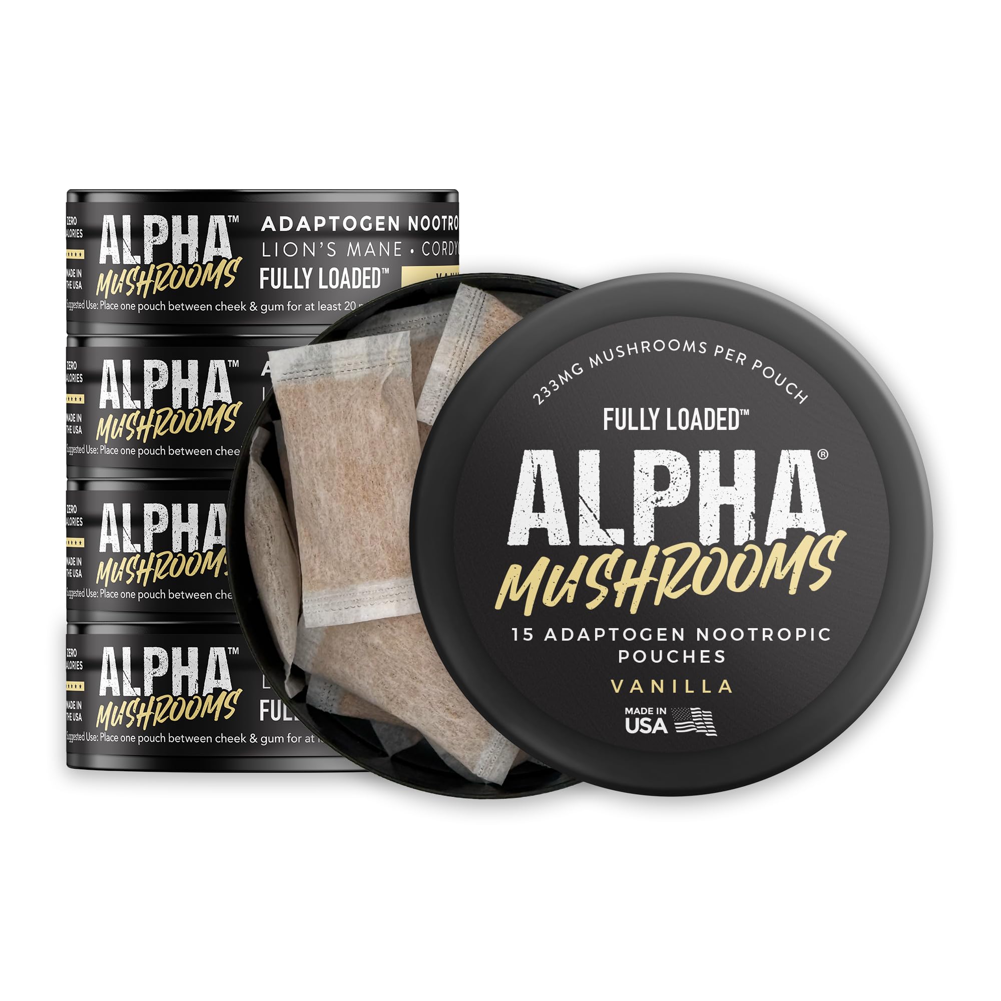 Fully Loaded Bullseye Alpha Mushroom Pouches in vanilla packaging for discreet daily energy and focus.