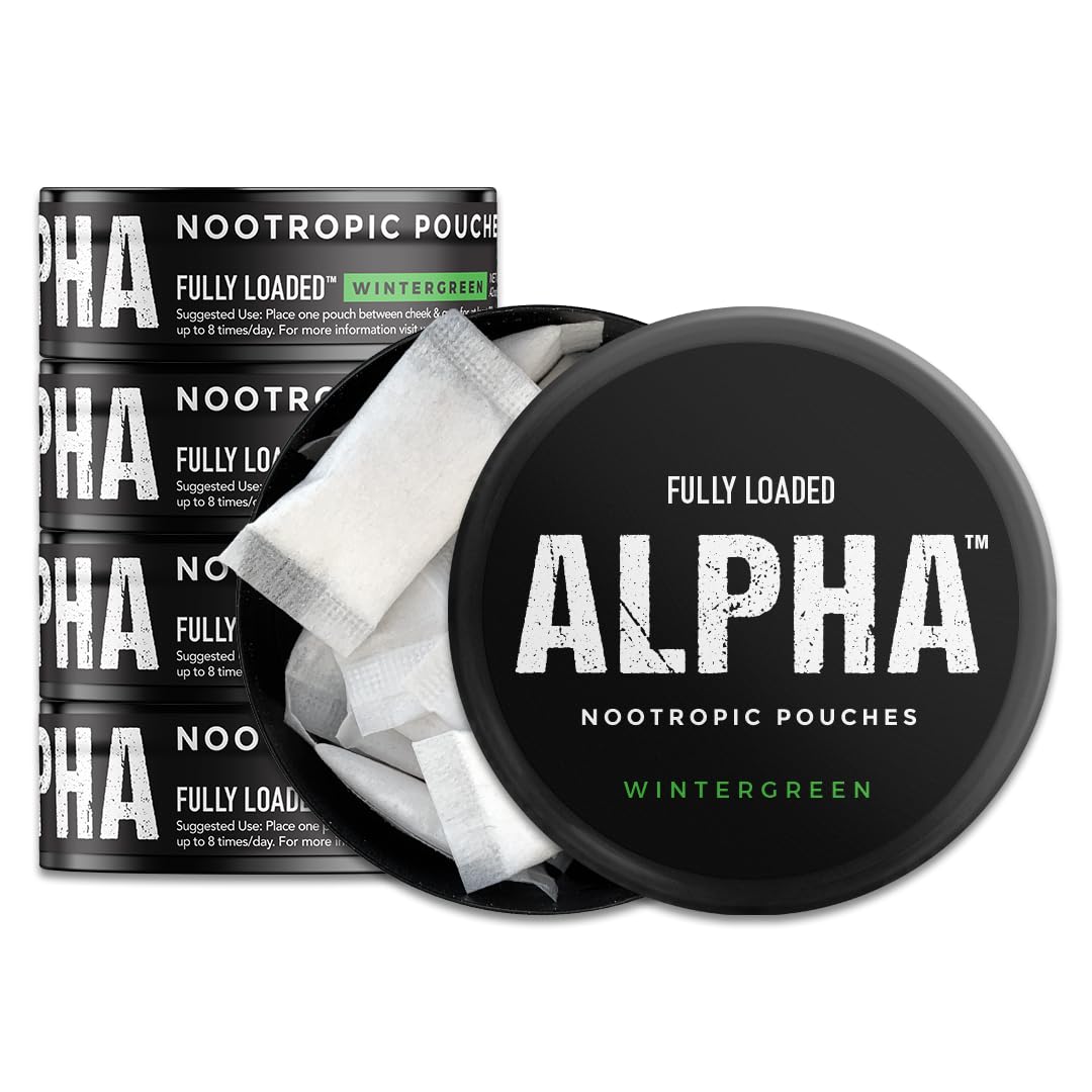 Fully Loaded Bullseye Alpha wintergreen pouch front view for discreet use.