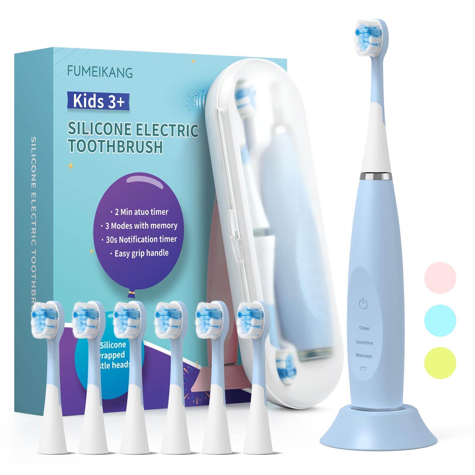 FUMEIKANG kids electric toothbrush with blue handle for a comfortable grip.