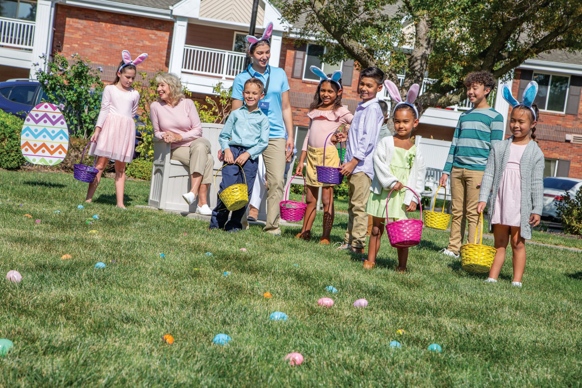 Fun Express giant Easter decor enhances curb appeal during celebrations.