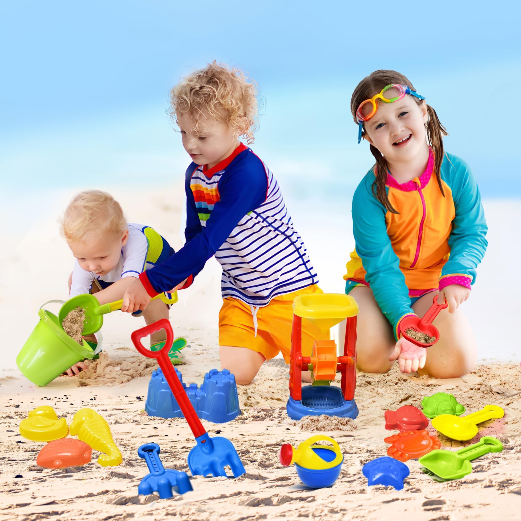 FUN LITTLE TOYS beach tools tool kit supports varied play with multiple accessories.