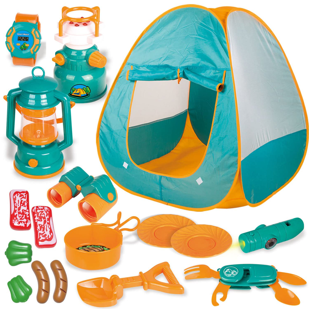 FUN LITTLE TOYS pop-up tent with comprehensive camping gear set for imaginative outdoor play.