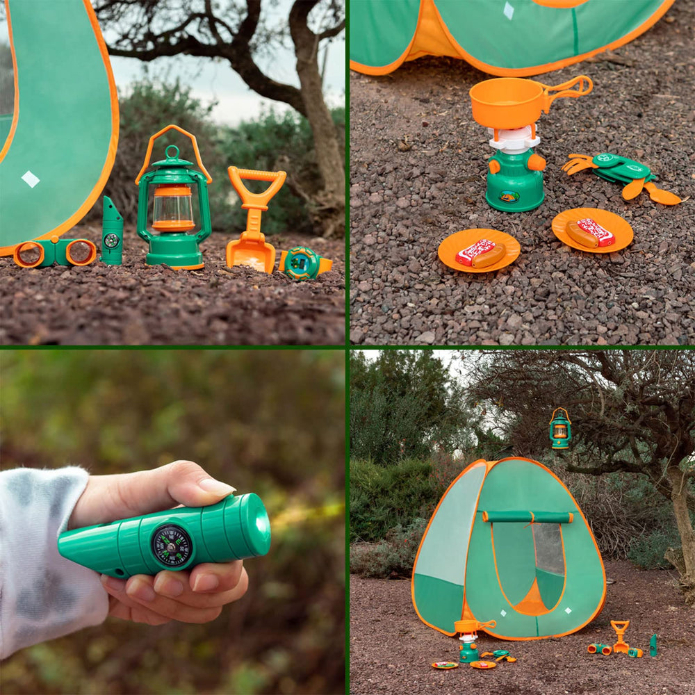 FUN LITTLE TOYS oil lamp lights up for cozy campfire ambience during play.