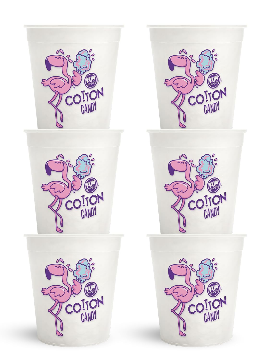 Fun Sweets Vanilla Cotton Candy 6-pack front view showing dye-free white tubs
