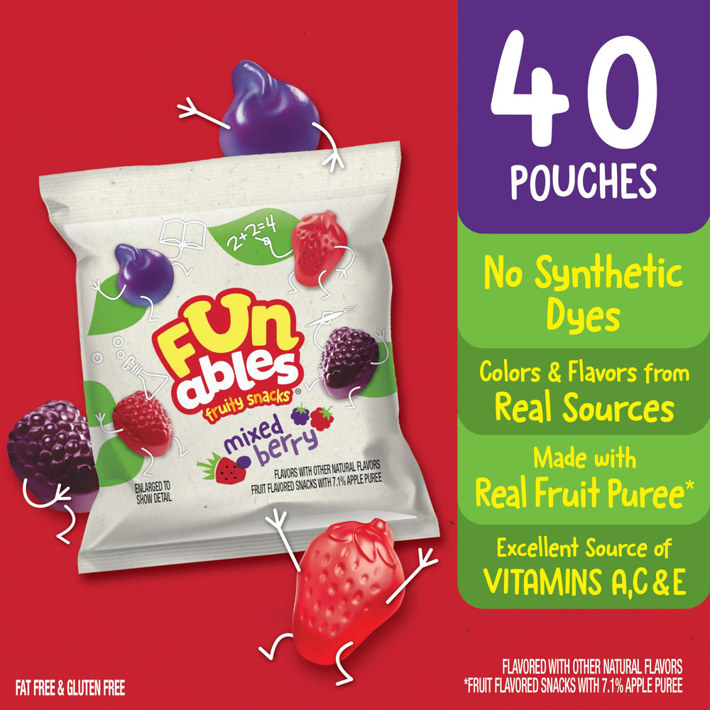 Nutrition panel on Funables pouch highlights fat-free and vitamins A, C, E