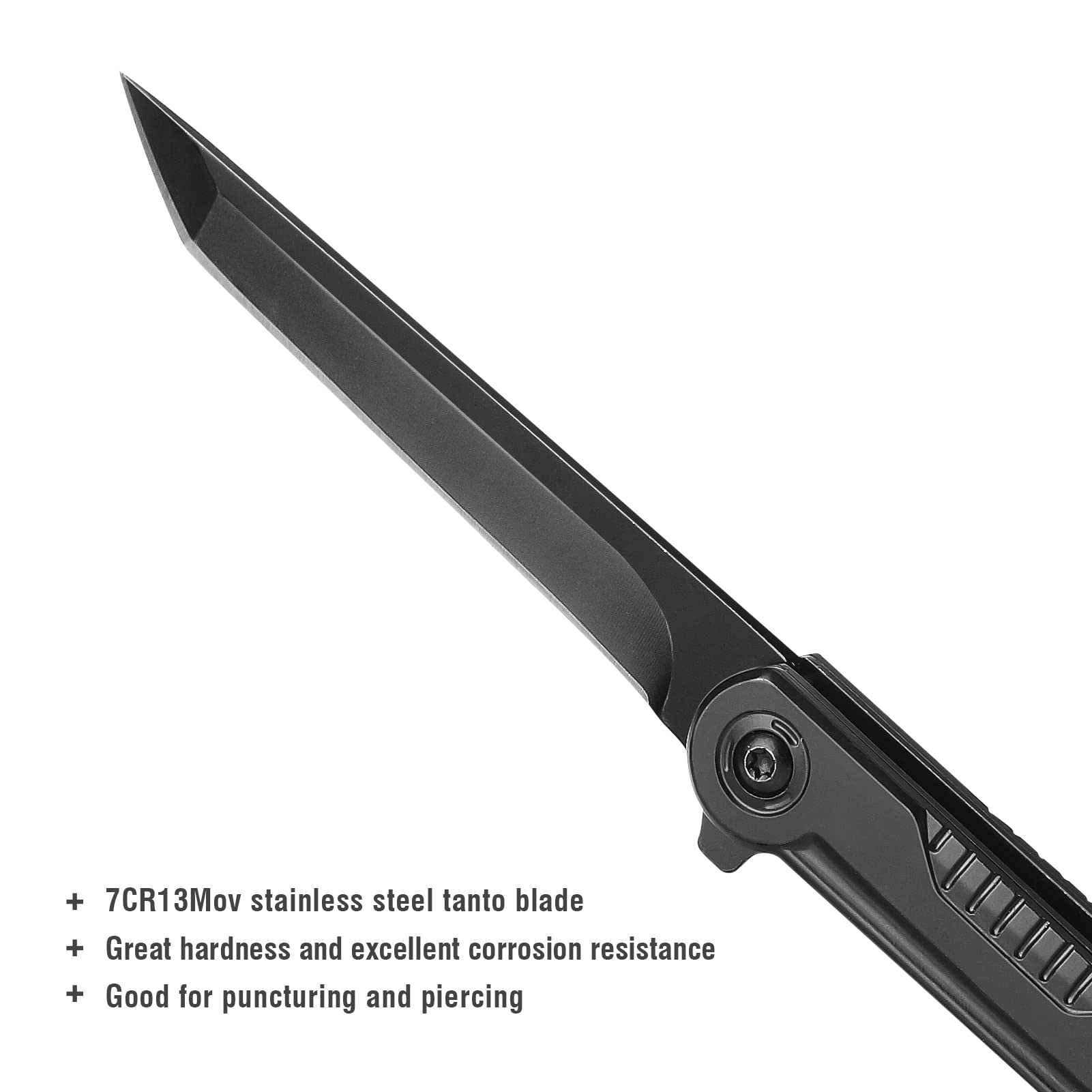 FUNBRO EDC knife blade close-up on 7CR13Mov steel for a durable edge.