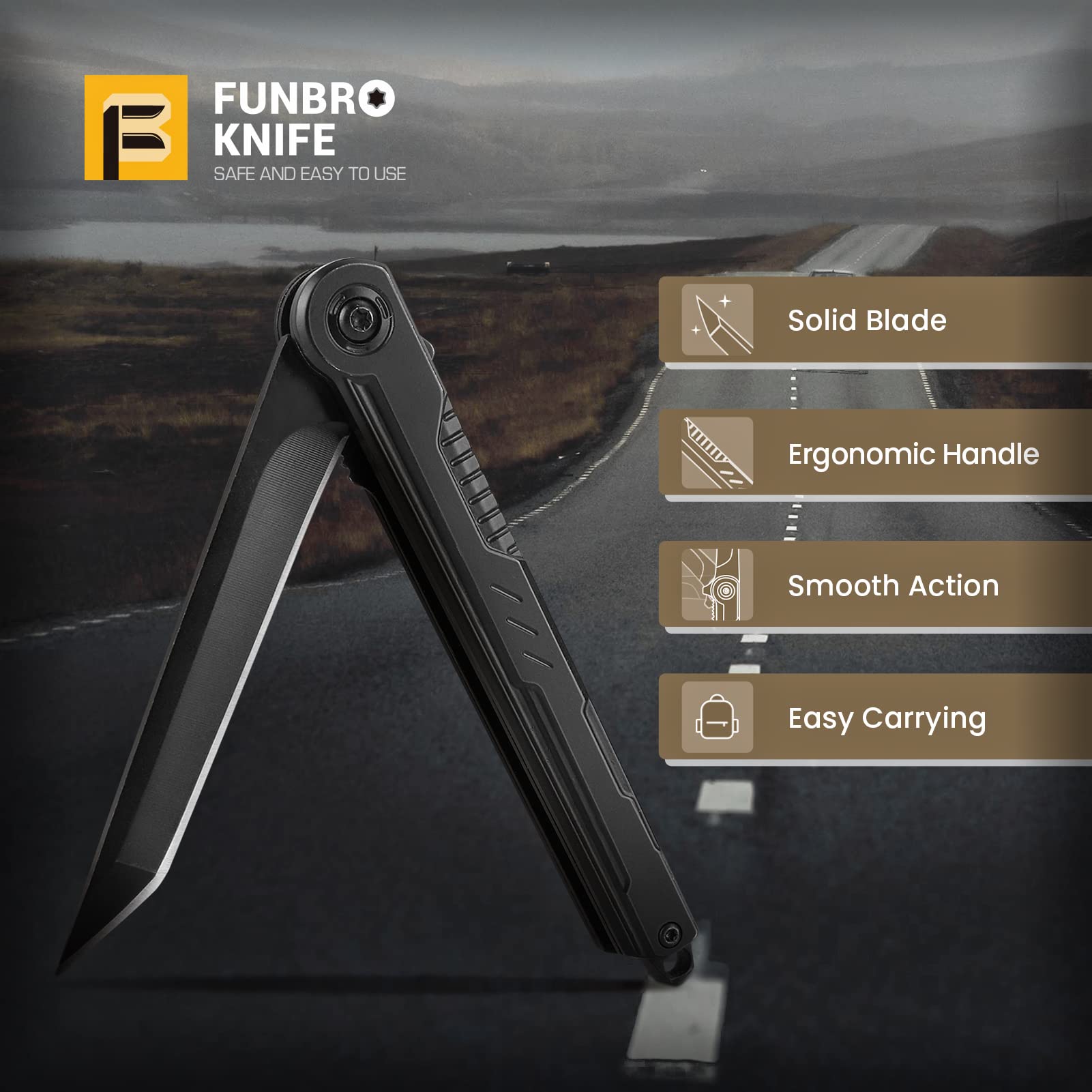 FUNBRO EDC knife outdoor camping scene shows versatile tool.