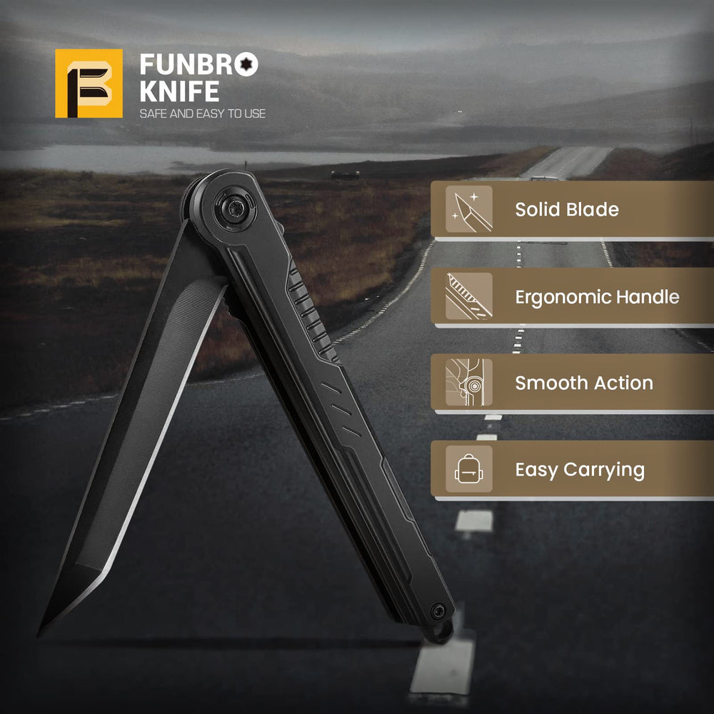 FUNBRO EDC knife outdoor camping scene shows versatile tool.