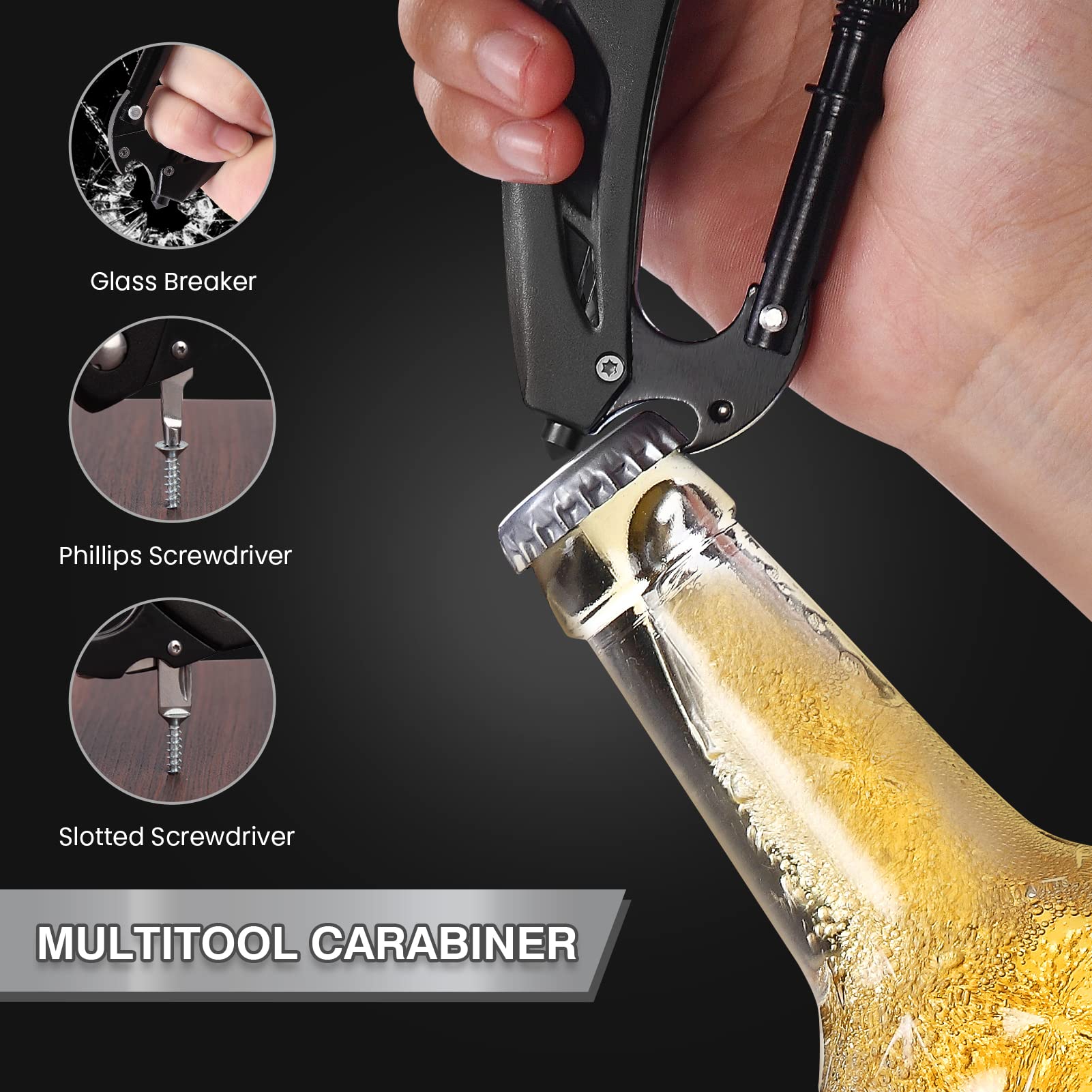 FUNBRO bottle opener integrated into the carabiner, ideal for outdoor drinks and adventures.