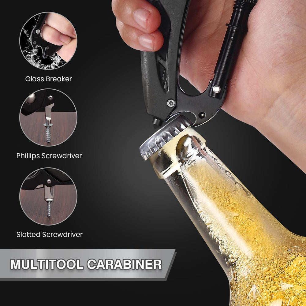 FUNBRO bottle opener integrated into the carabiner, ideal for outdoor drinks and adventures.