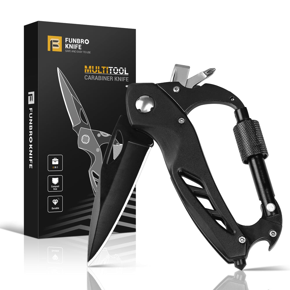 FUNBRO multitool carabiner with folding knife for on-the-go camping tasks and quick fixes.
