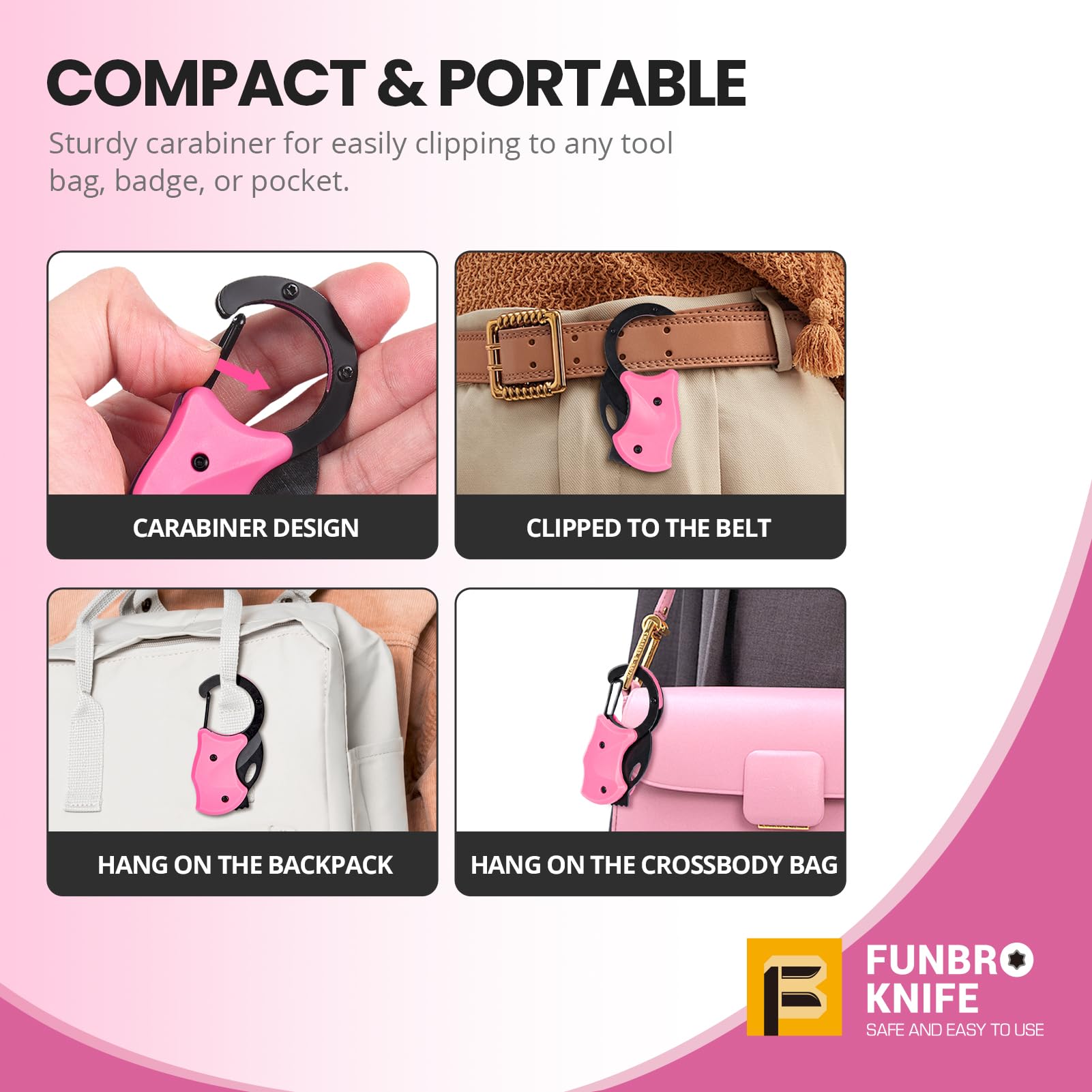 FUNBRO pink keychain knife attached to bag for travel convenience
