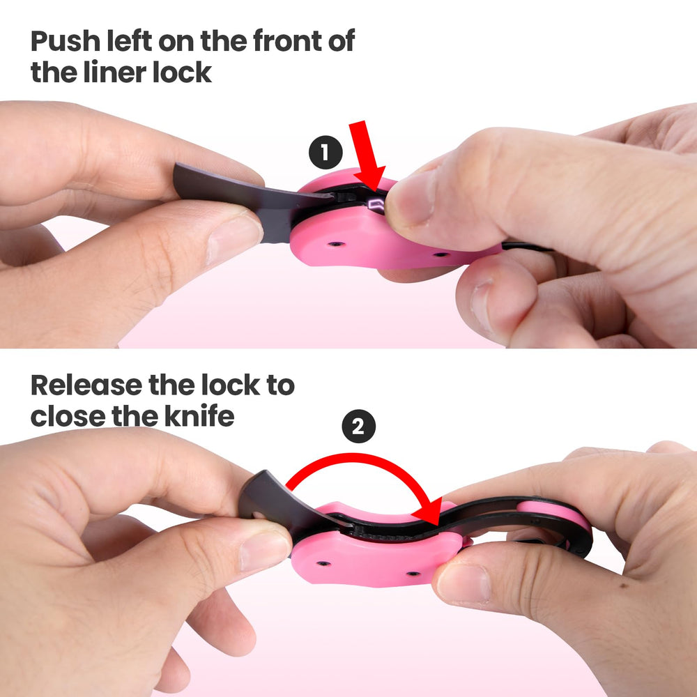 FUNBRO pink keychain knife in hand demonstrates ergonomic grip