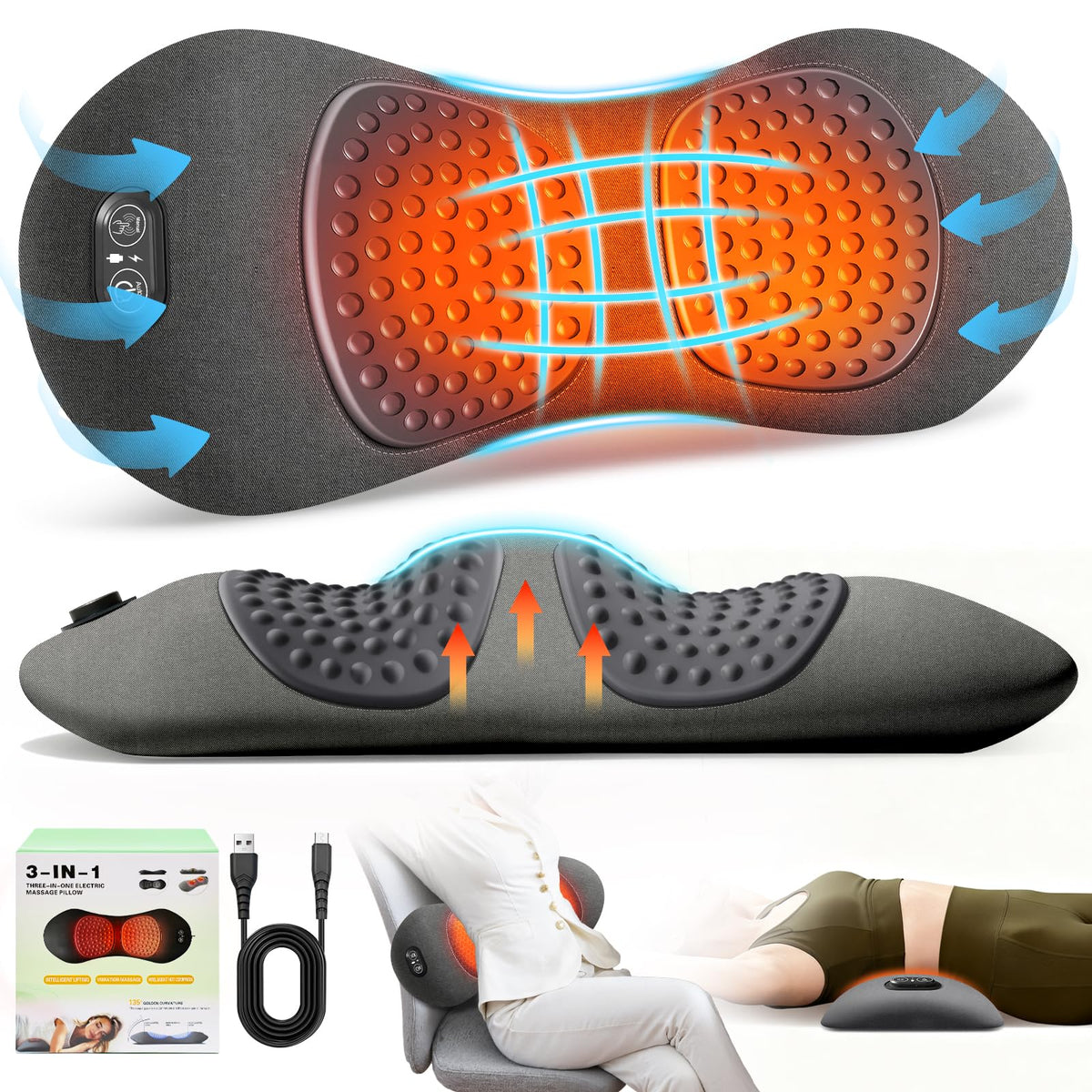 FunBy 3-in-1 lumbar pillow close-up showing ergonomic design for daily back comfort.