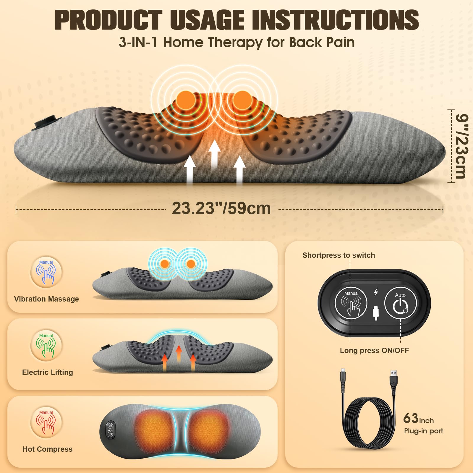 FunBy lumbar pillow heat function visible, offering warming warmth along the lower back.