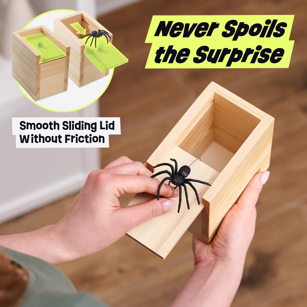 FunFamz Spider Prank Box safe for all ages, no batteries needed.
