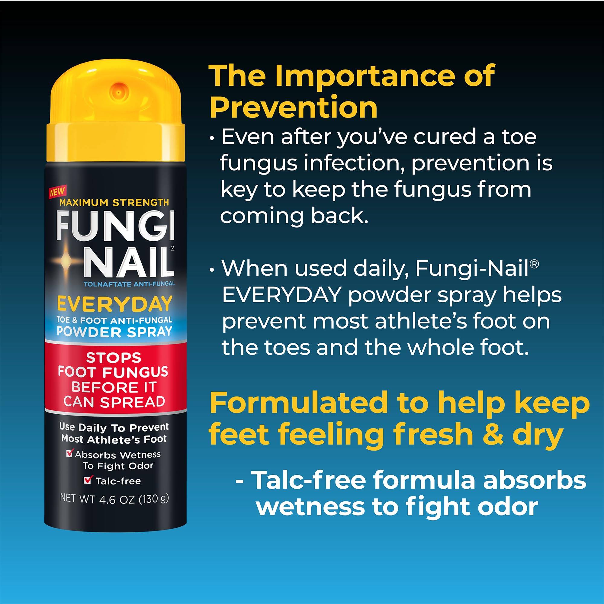 Fungi-Nail Everyday Powder Spray dries feet and reduces odor.