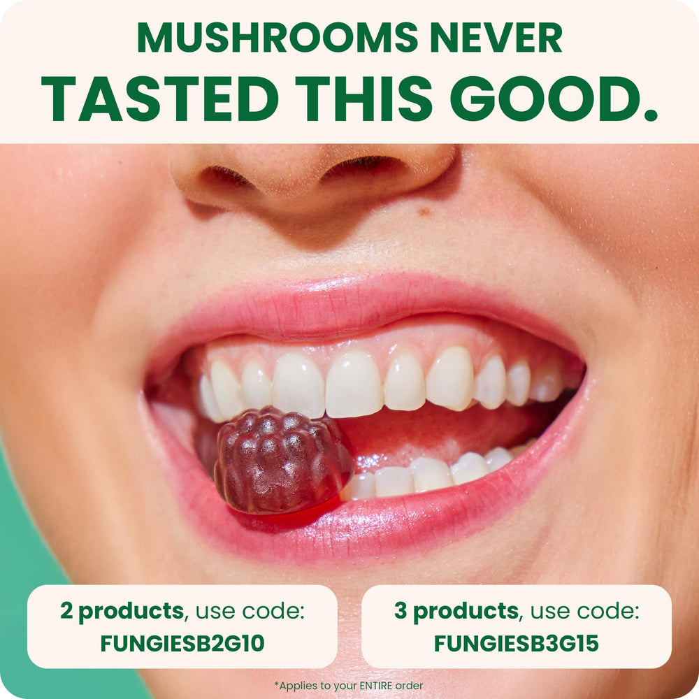 Fungies Best Multi Mushroom Gummies foil-pack image emphasizes clean, additive-free gummies.