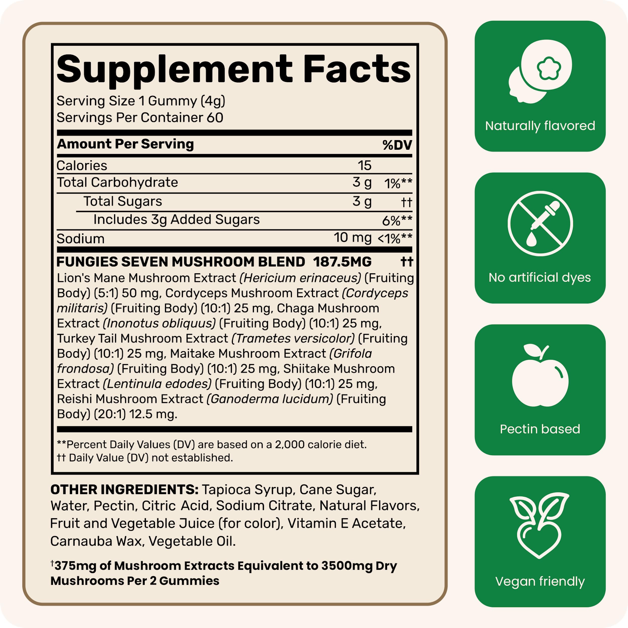 Fungies Best Multi Mushroom Gummies label highlighting vegan, gluten-free formula.