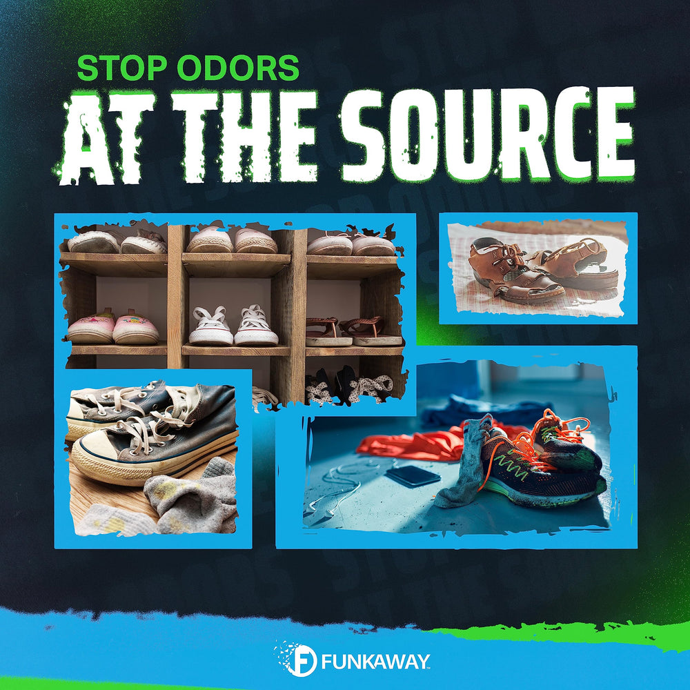 FunkAway odor eliminator spray for boots eliminates tough smells in bulky footwear without residue.