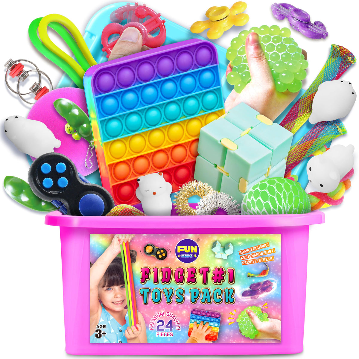 FunKidz Fidget Box contents showing assorted sensory toys for focused play