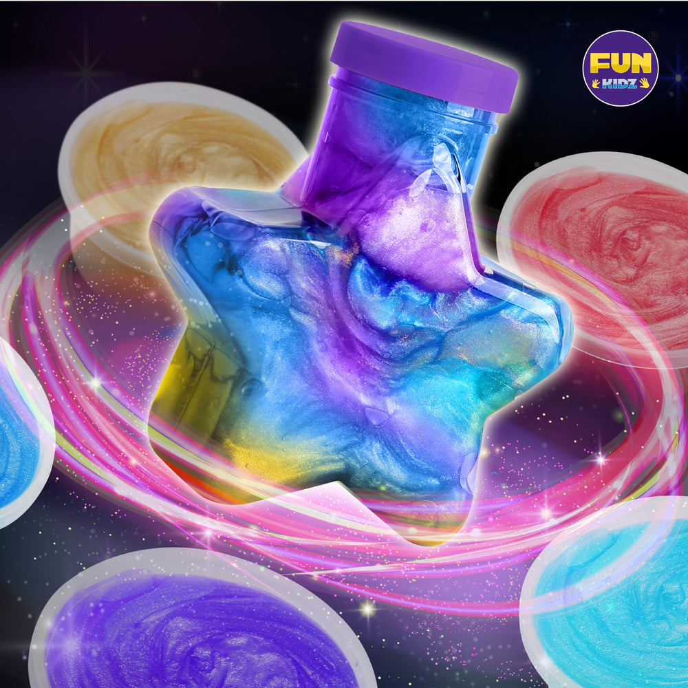 FunKidz Galaxy Slime Kit star glow pieces illuminate galactic crafts.