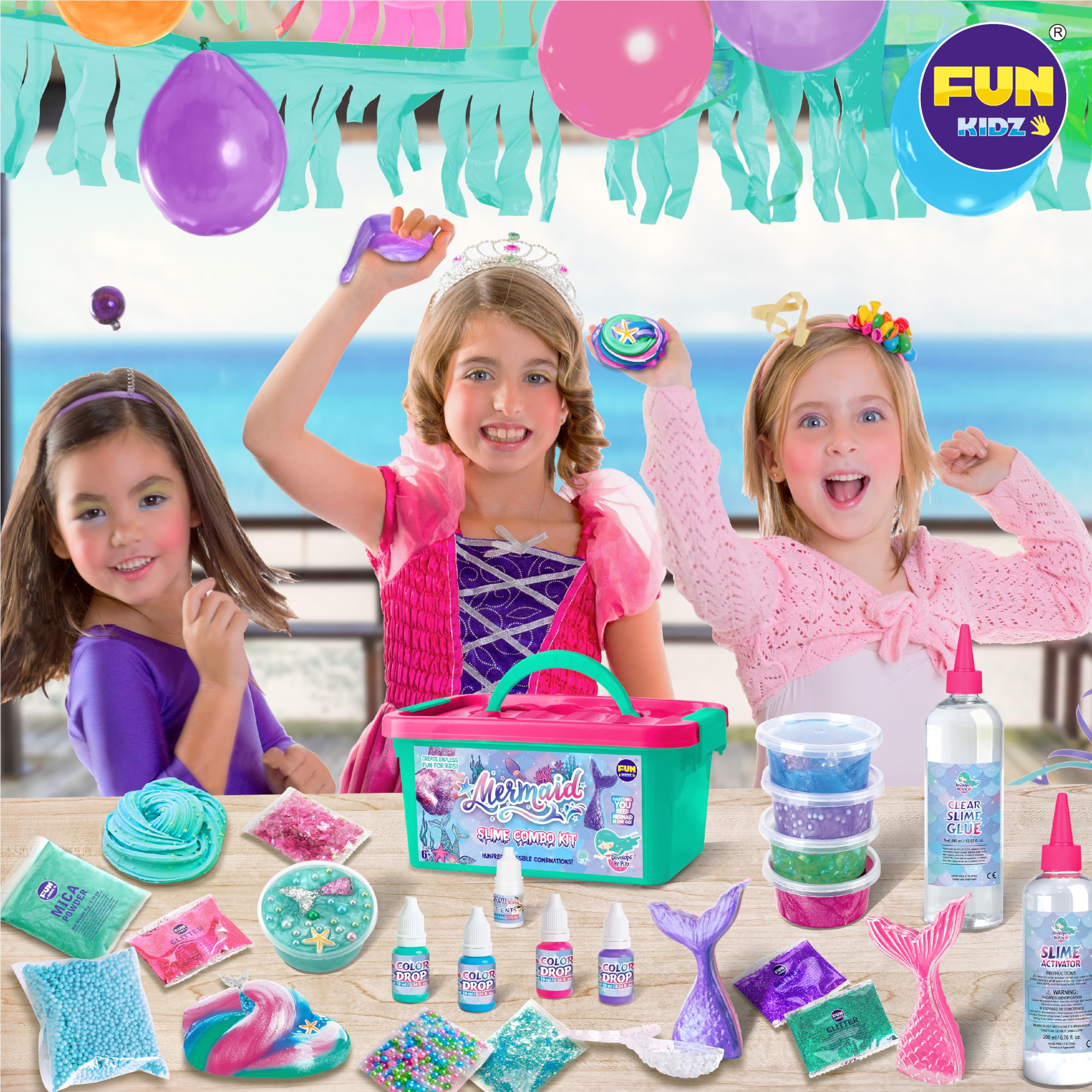 FunKidz Mermaid Slime Kit color drops enable colorful, customizable slime experiments.