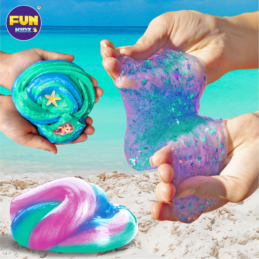 FunKidz Mermaid Slime Kit glitter ocean swirl invites tactile fun and decorative charm.